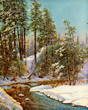 Vintage calendar art of landscapes, village scenes, etc.