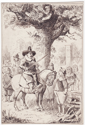 [untitled illustration, horseback, sword, watcher in tree]