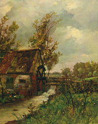 Vintage calendar prints of cottages, cabins, mills, etc.