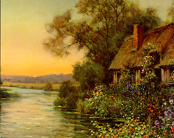 Vintage calendar prints of cottages, cabins, mills, etc.