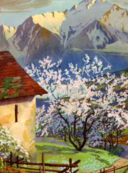 Vintage calendar prints of cottages, cabins, mills, etc.