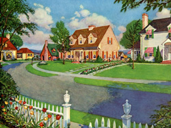 Vintage calendar prints of cottages, cabins, mills, etc.
