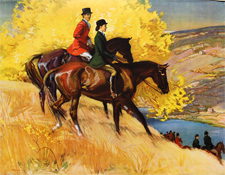 fox hunting scene, man and woman, group